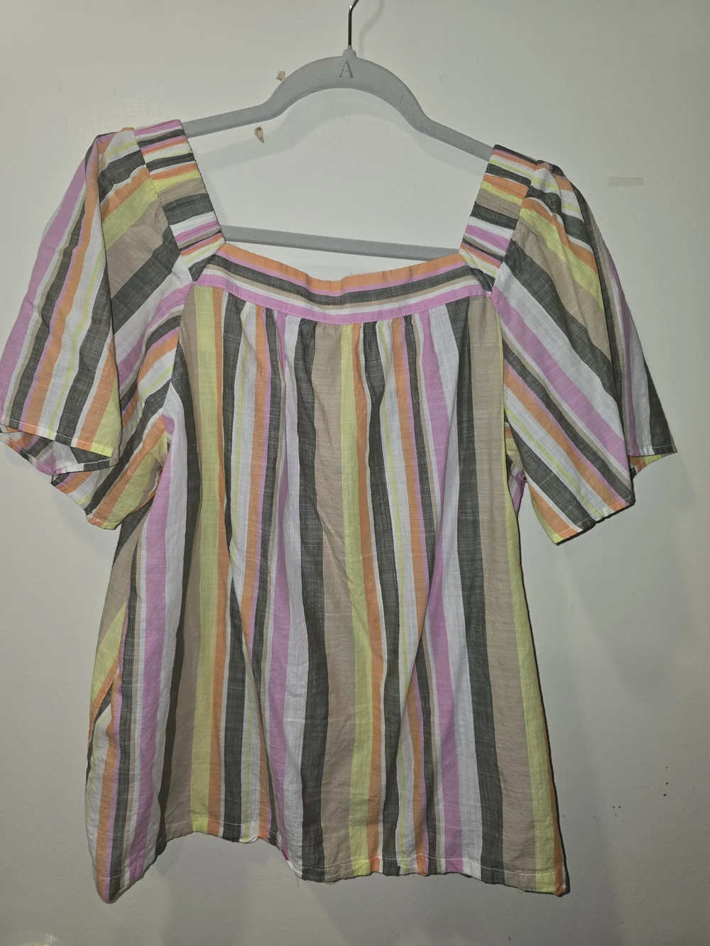 LOFT Pastel Multi-Stripe Square Neck Puff Sleeve Top